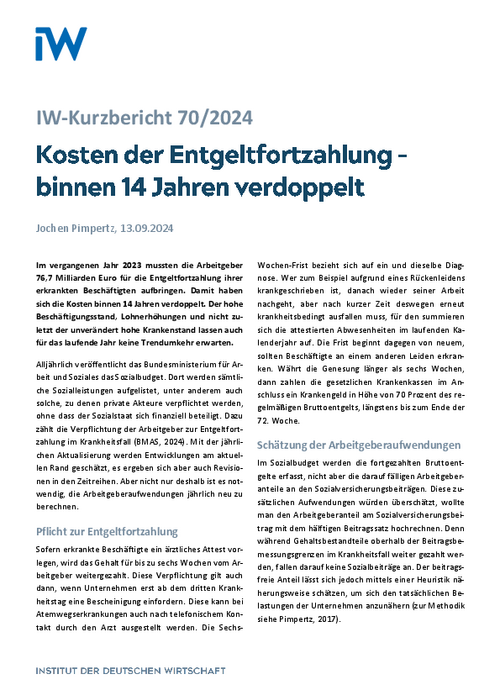 Kosten der Entgeltfortzahlung – binnen 14 Jahren verdoppelt