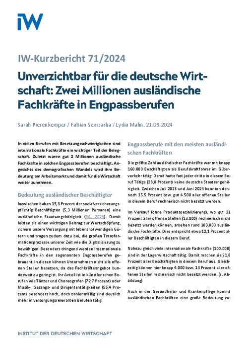 Zwei Millionen ausländische Fachkräfte in Engpassberufen