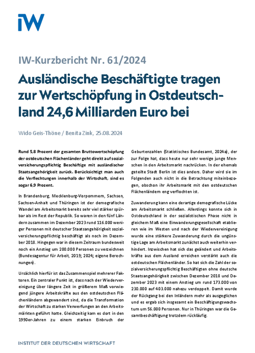 Ausländische Beschäftigte tragen zur Wertschöpfung in Ostdeutschland 24,6 Milliarden Euro bei