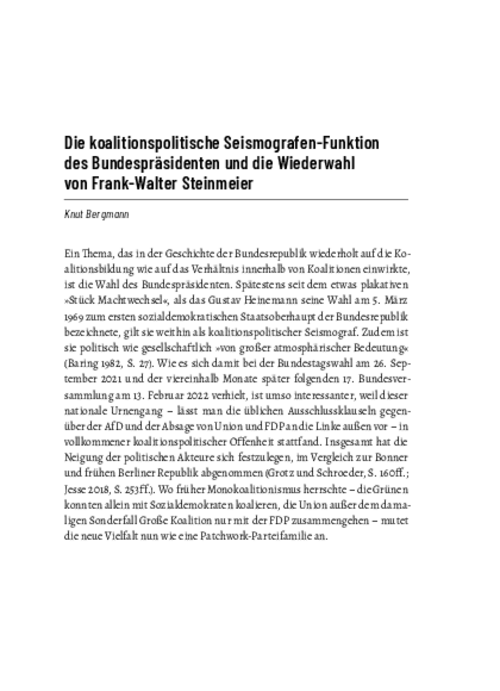 Die koalitionspolitische Seismografen-Funktion des Bundespräsidenten und die Wiederwahl von Frank-Walter Steinmeier