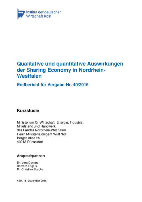 Qualitative und quantitative Auswirkungen der Sharing Economy in Nordrhein-Westfalen