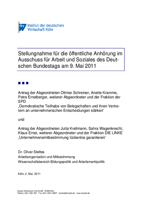 Stellungnahme im Deutschen Bundestag zur Mitbestimmung